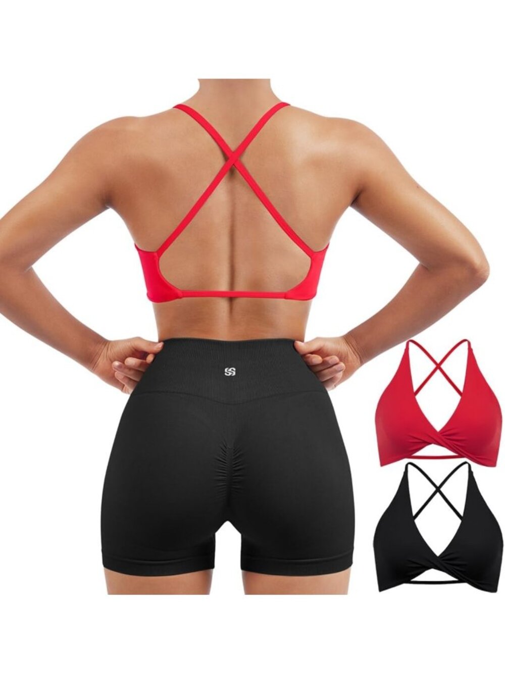 2 Piece Open Back Strappy Sports Bra & Twist V Neck Workout Crop Set for Women